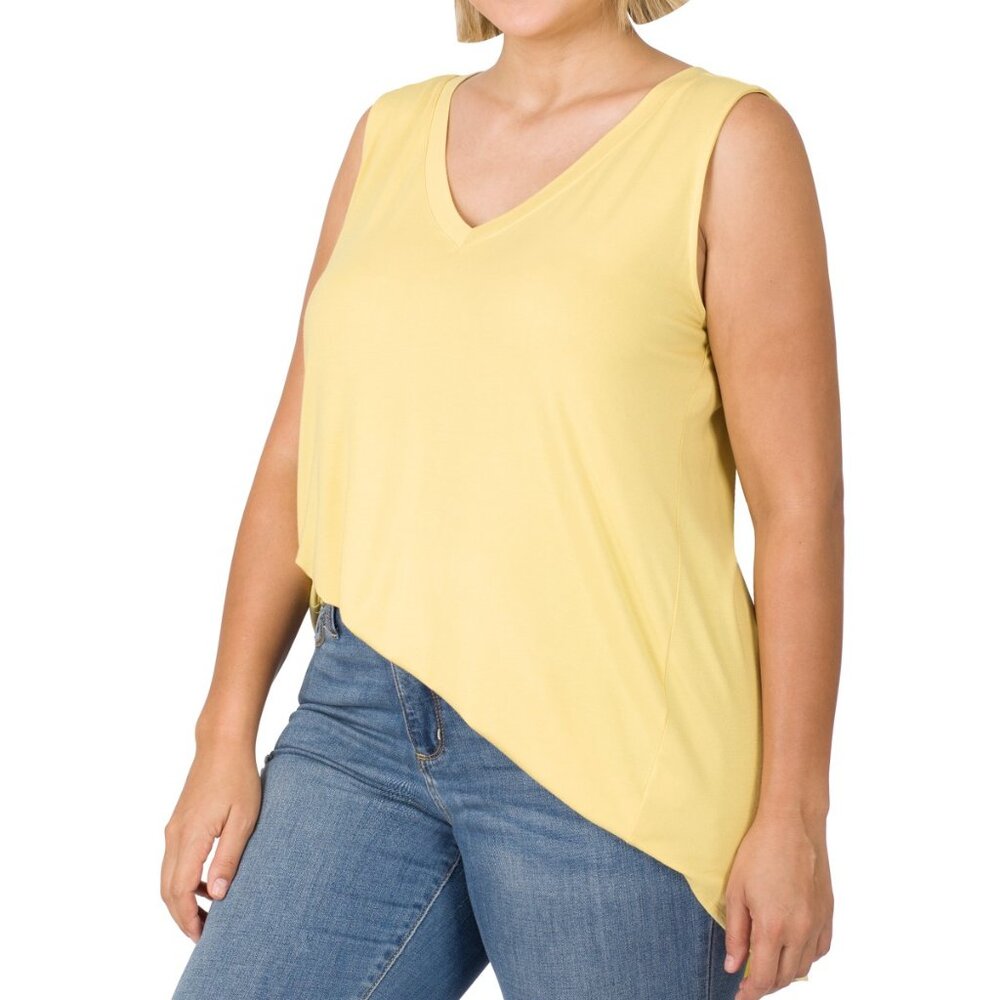 ZENANA PLUS LUXE RAYON SLEEVELESS V-NECK HI-LOW HEM TOP